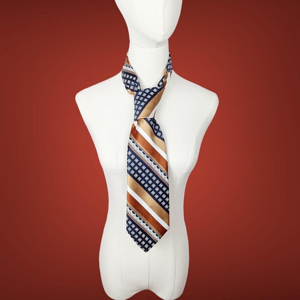 Vintage 1970's Necktie In A Bronze And Navy Retro Print.